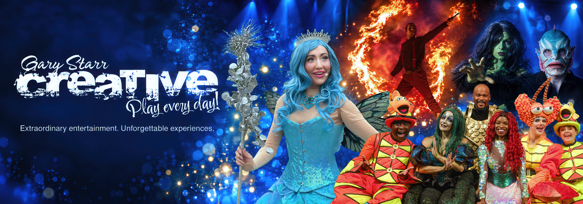 A fairy in blue, a man with fire a merman and the cast of the little mermaid