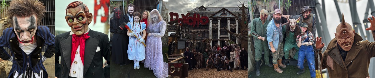 A scary looking clown, a cyclops under a rollercoaster and a multitude of horror characters from Fear Island