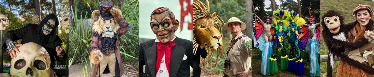 A realistic Lion poses as a showman, a real life Puppet of a wooden horror character, a giant lion with ranger and beautiful stilt walkers dressed as parrots and butterflies